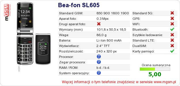 Dane telefonu Bea-fon SL605