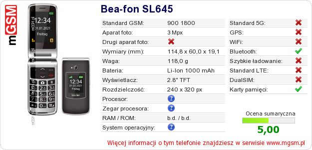 Dane telefonu Bea-fon SL645