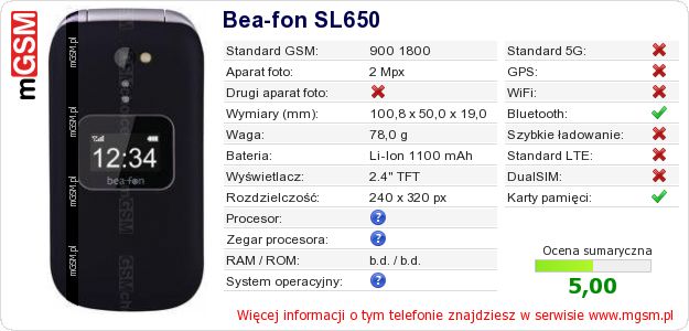 Dane telefonu Bea-fon SL650 Dane telefonu Bea-fon SL650