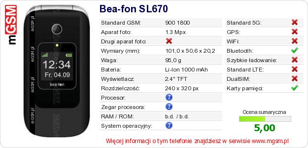 Dane telefonu Bea-fon SL670