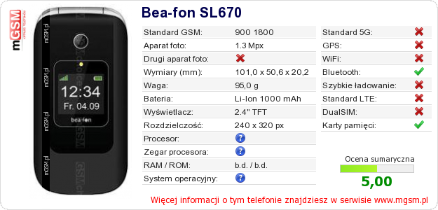 Dane telefonu Bea-fon SL670