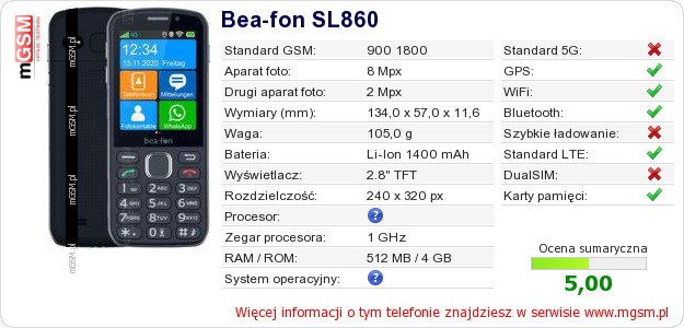 Dane telefonu Bea-fon SL860 Dane telefonu Bea-fon SL860