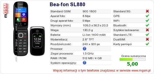 Dane telefonu Bea-fon SL880
