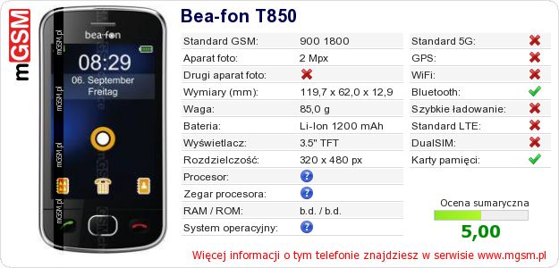 Dane telefonu Bea-fon T850 Dane telefonu Bea-fon T850
