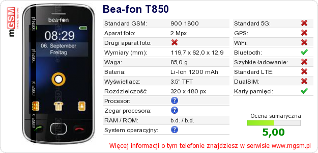 Dane telefonu Bea-fon T850