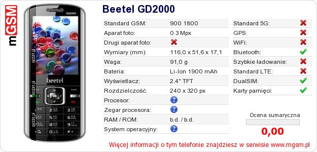Dane telefonu Beetel GD2000 Dane telefonu Beetel GD2000