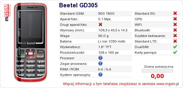 Dane telefonu Beetel GD305