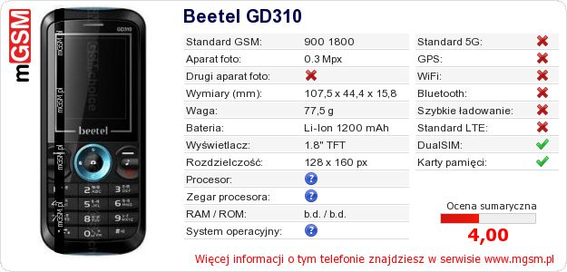 Dane telefonu Beetel GD310
