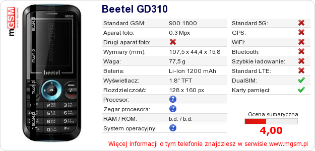 Dane telefonu Beetel GD310