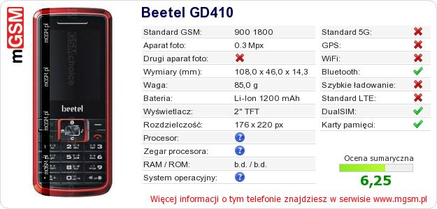 Dane telefonu Beetel GD410