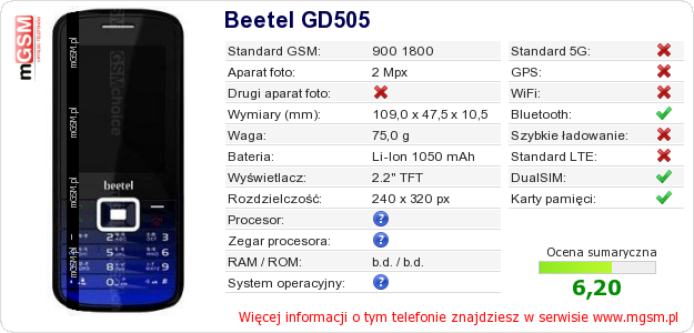 Dane telefonu Beetel GD505