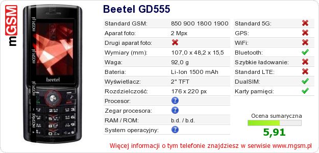 Dane telefonu Beetel GD555 Dane telefonu Beetel GD555