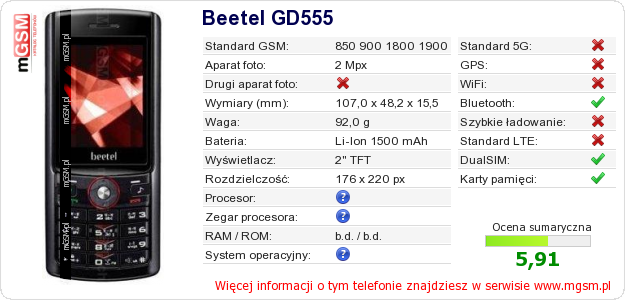 Dane telefonu Beetel GD555