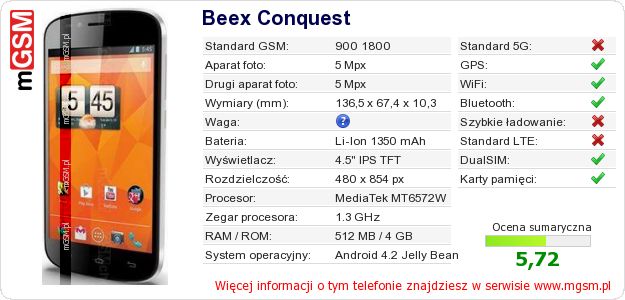 Dane telefonu Beex Conquest