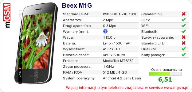 Dane telefonu Beex M1G Dane telefonu Beex M1G
