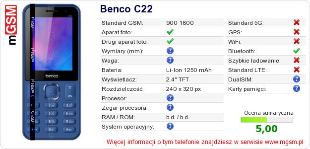 Dane telefonu Benco C22 Dane telefonu Benco C22