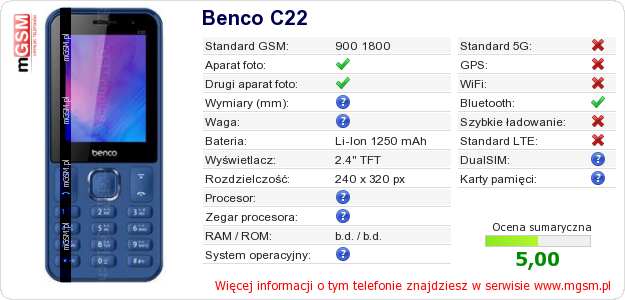 Dane telefonu Benco C22