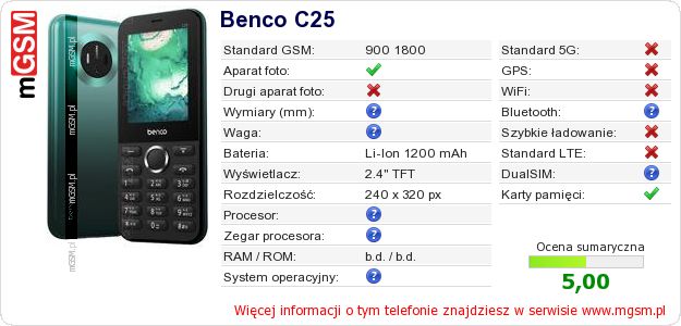Dane telefonu Benco C25