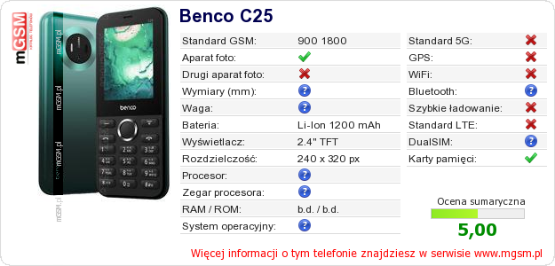 Dane telefonu Benco C25
