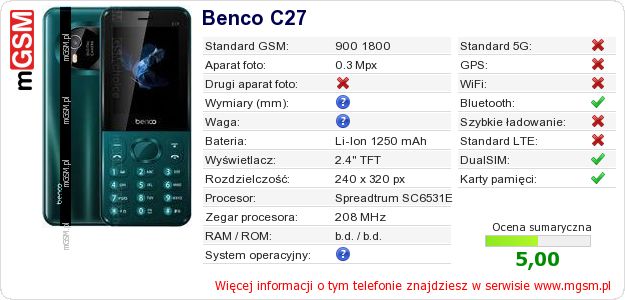 Dane telefonu Benco C27
