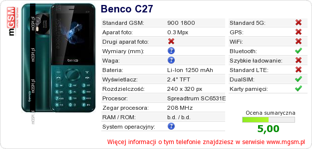 Dane telefonu Benco C27