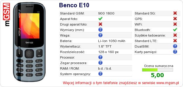 Dane telefonu Benco E10