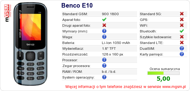 Dane telefonu Benco E10 Dane telefonu Benco E10
