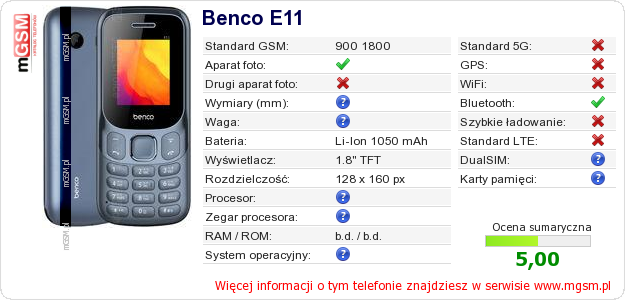 Dane telefonu Benco E11