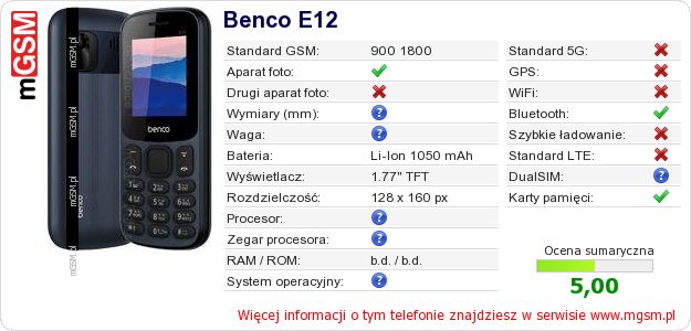 Dane telefonu Benco E12