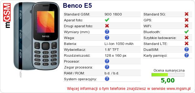Dane telefonu Benco E5