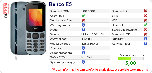 Dane telefonu Benco E5