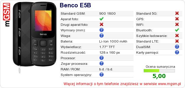 Dane telefonu Benco E5B