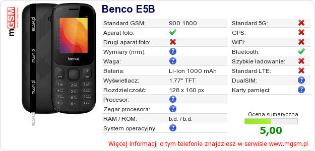 Dane telefonu Benco E5B