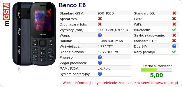 Dane telefonu Benco E6
