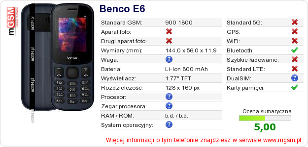 Dane telefonu Benco E6