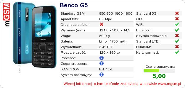 Dane telefonu Benco G5