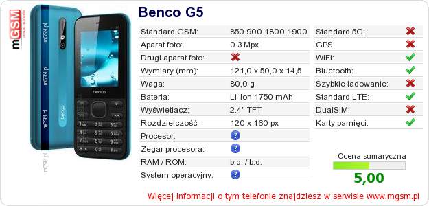Dane telefonu Benco G5 Dane telefonu Benco G5