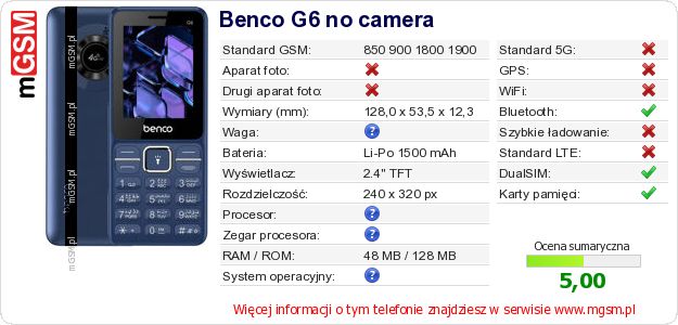 Dane telefonu Benco G6 no camera Dane telefonu Benco G6 no camera