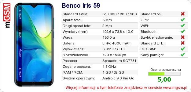 Dane telefonu Benco Iris 59 Dane telefonu Benco Iris 59