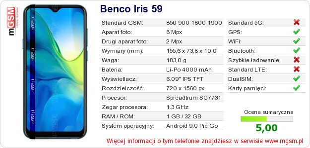 Dane telefonu Benco Iris 59