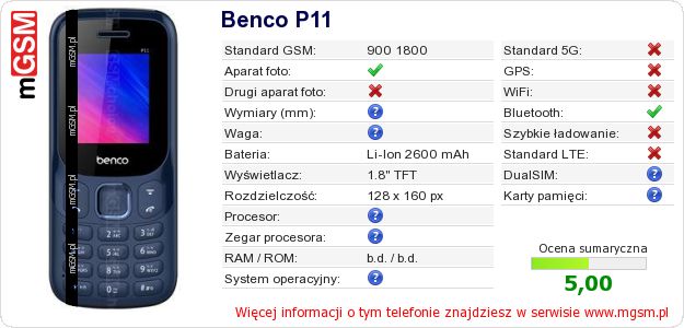 Dane telefonu Benco P11