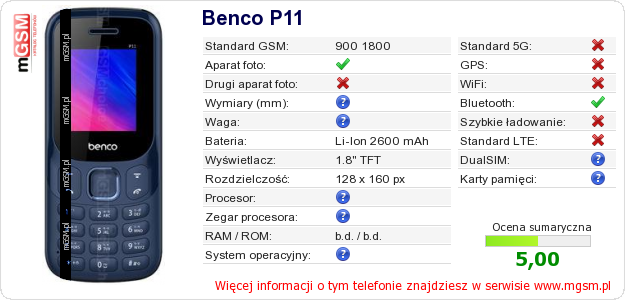 Dane telefonu Benco P11 Dane telefonu Benco P11