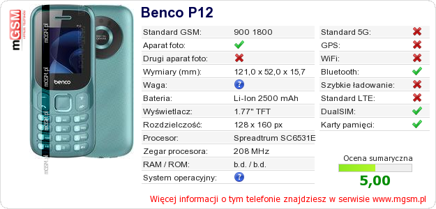 Dane telefonu Benco P12