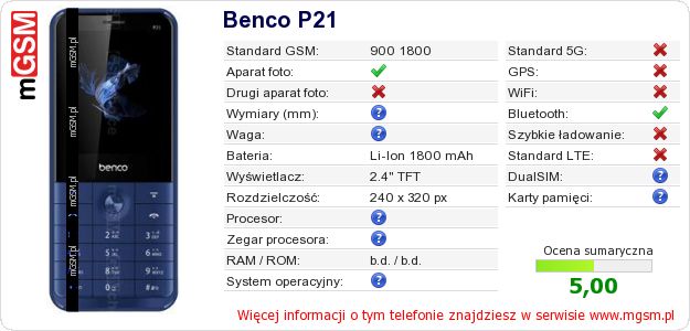 Dane telefonu Benco P21