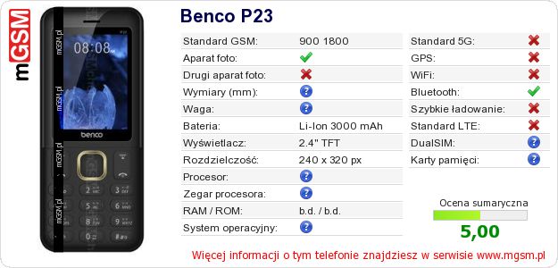 Dane telefonu Benco P23 Dane telefonu Benco P23