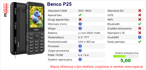 Dane telefonu Benco P25