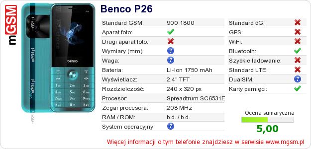 Dane telefonu Benco P26