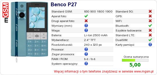 Dane telefonu Benco P27 Dane telefonu Benco P27