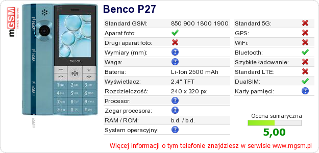 Dane telefonu Benco P27