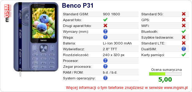 Dane telefonu Benco P31